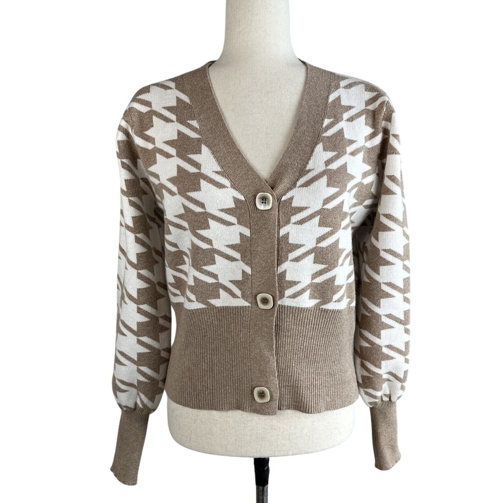Joie Crop Houndstooth V-Neck‎ Button Cardigan Size XS Puff Sleeve Beige White